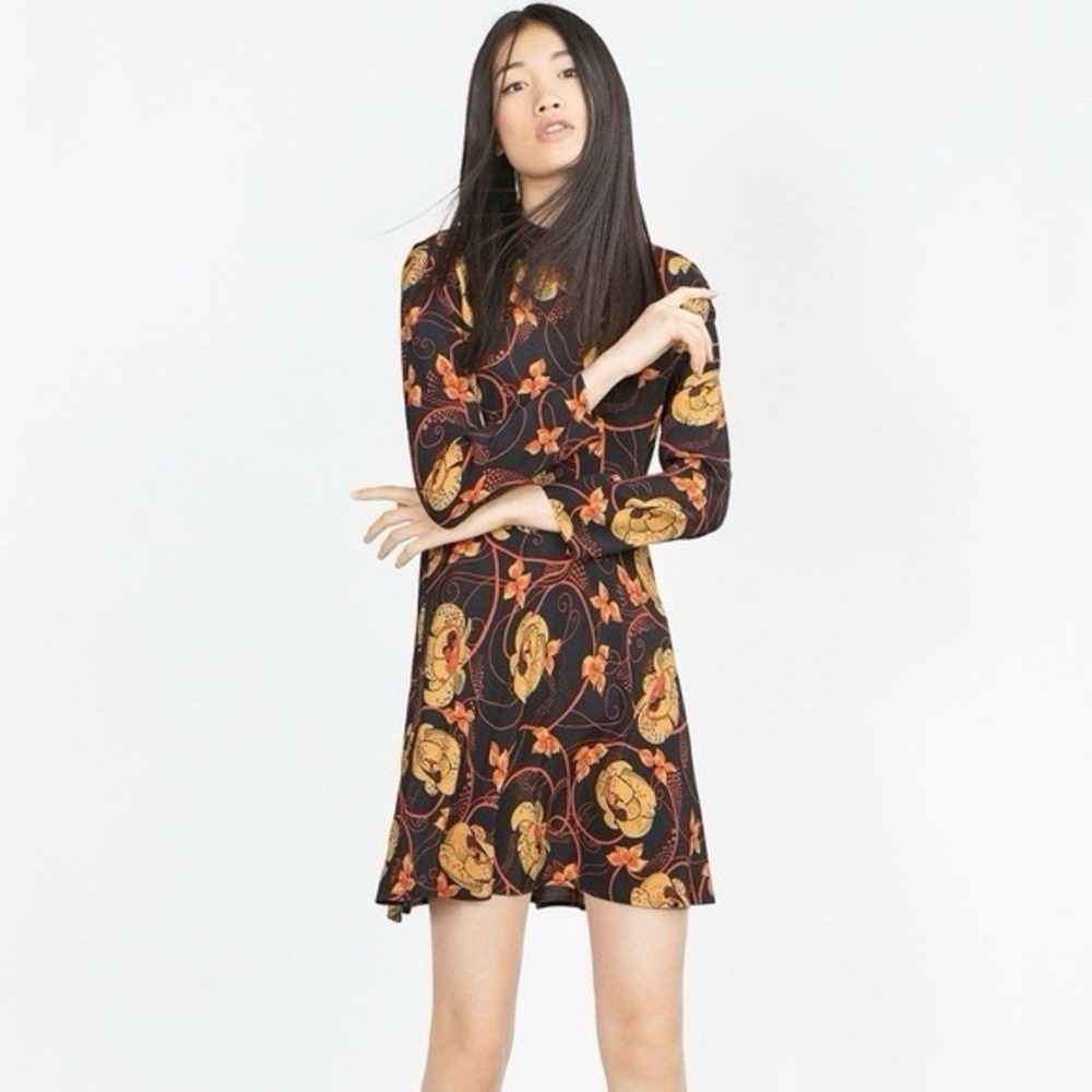 ZARA WOMAN Mini Dress SMALL Yellow Floral Mock Neck LS Viscose Flounce 5537/276